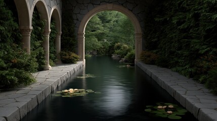 Serene Koi Pond Flowing Through Classical Garden with Winding Path and Tranquil Architecture