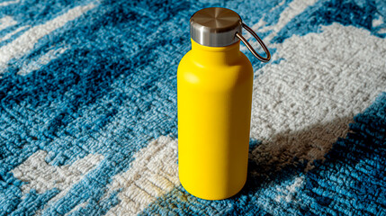 A yellow water bottle with a stainless steel lid, placed on a blue and white rug