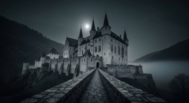Dramatic, ancient castle lit by a bright moon, shrouded in mist