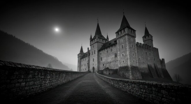 Moonlit gothic castle, mist-shrouded mountains, stone bridge