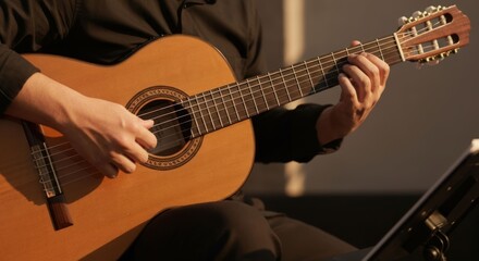 Person's hands playing classical acoustic guitar with sheet music