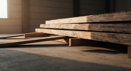 Fototapeta premium Close-up of stacked weathered wooden planks on concrete, sunlit