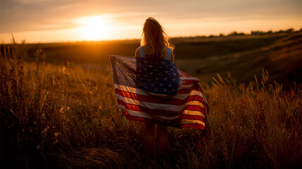 A woman holding an American flag in front of her, standing on a grassy field at sunset