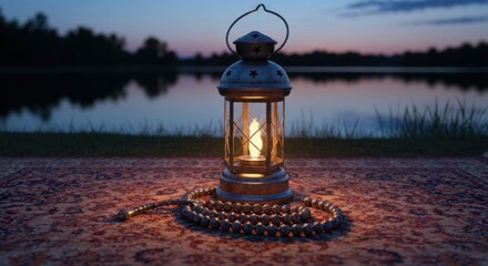 Obraz premium Lit antique lantern, prayer beads, patterned rug by lake at dusk