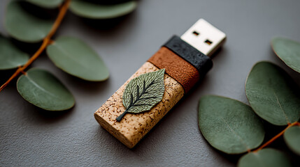 Eco-friendly cork and leather decorations on the body of an open USB flash drive