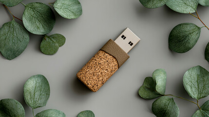 Eco-friendly cork and leather decorations on the body of an open USB flash drive