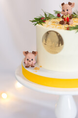 christmas white cake decorated. with branches and little pig on top. white background