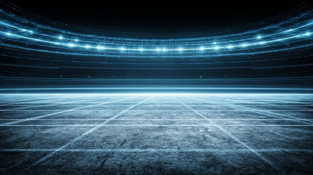 Abstract blue neon stadium illuminated with ground lamps creating futuristic sports and technology background, suitable for science, product design, digital events, and modern presentation concepts