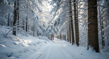 Obraz premium Sunlit snow-covered forest, narrow path through frosted trees