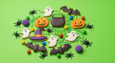Fototapeta premium Vibrant Halloween cookies ghosts, pumpkins, bats, candy, spiders