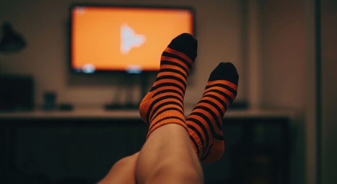 Feet in orange striped socks up, watching TV with play button - Powered by Adobe