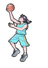 バスケットボールでレイアップシュートをする水色のウェアの女子選手のイラスト