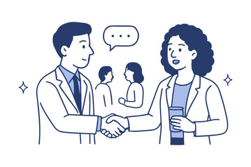 Business People Shaking Hands with Speech Bubble and Silhouettes in Background