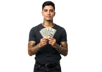 Tattooed man holding money, financial freedom
