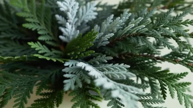 Close up view of mixed evergreen foliage branches.
