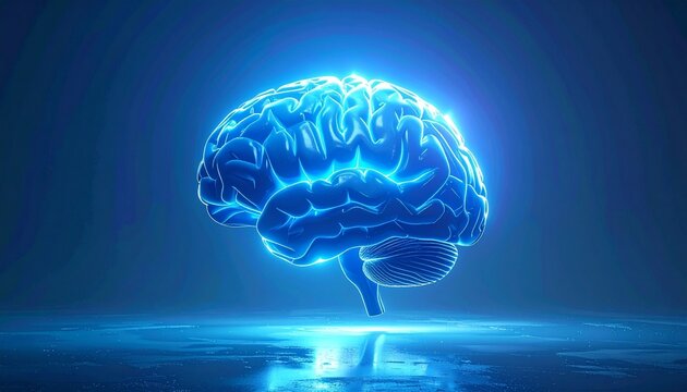 Digital rendering of glowing blue human brain with illuminated neural contours on dark reflective background for editorial neuroscience photography AI decor and poetic cognition-themed visuals