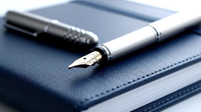 A close-up shot of a leather-bound notebook and a fountain pen on a white surface