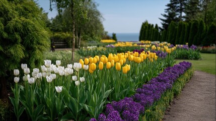 Fototapeta premium Intricate Arrangement of Fragrant Tulips in Geometric Beds with Colorful Blooms