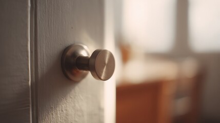 Obraz premium Close-up of a door knob on a white door. the knob is round and has a smooth, polished finish. it is attached to the door with a round base and a round knob on top.
