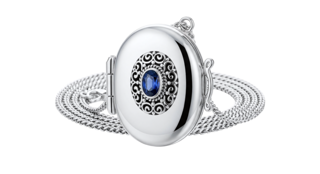 Elegant silver locket necklace with a blue gemstone isolated on transparent background, a timeless piece of jewelry for cherished memories