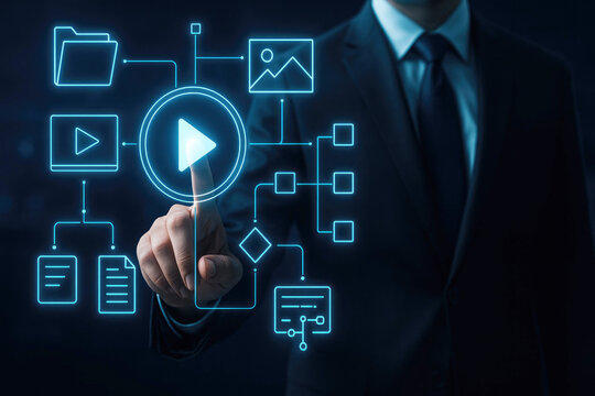Businessman interacting with a digital interface showing a play button and workflow diagram process technology