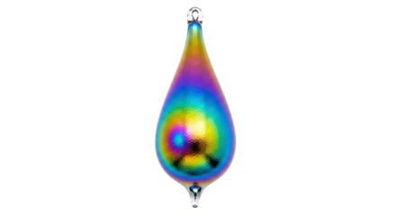 Holographic christmas ornament isolated on transparent background festive decoration in the shape of a teardrop with a rainbow iridescent surface