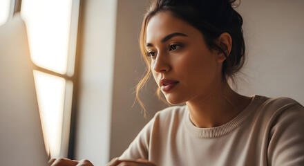 Portrait of a focused young woman working on a laptop computer at home, concentrating on the screen