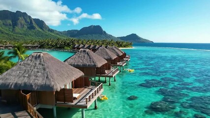 Experience paradise at a luxury overwater bungalow resort with crystal-clear turquoise water and stunning mountain views for an unforgettable vacation - Powered by Adobe