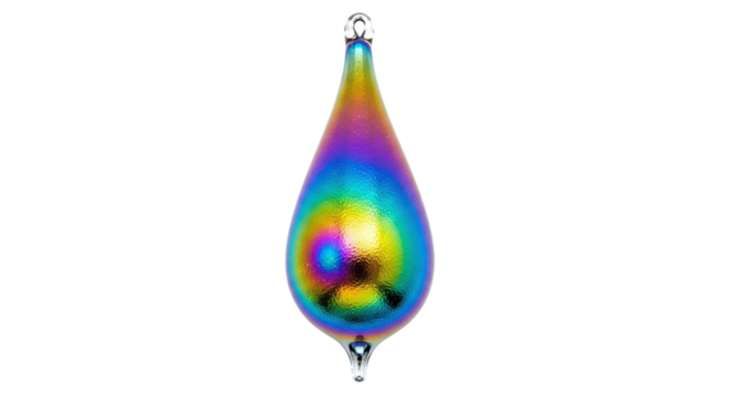 Holographic christmas ornament isolated on transparent background festive decoration in the shape of a teardrop with a rainbow iridescent surface