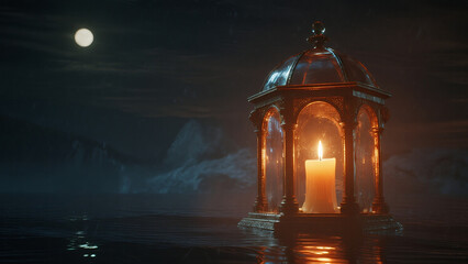 glowing glass dome shrine on still night ocean, candlelight flickering inside