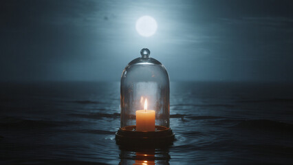glowing glass dome shrine on still night ocean, candlelight flickering inside
