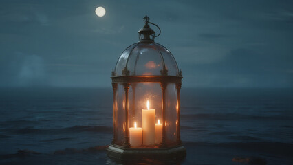 glowing glass dome shrine on still night ocean, candlelight flickering inside