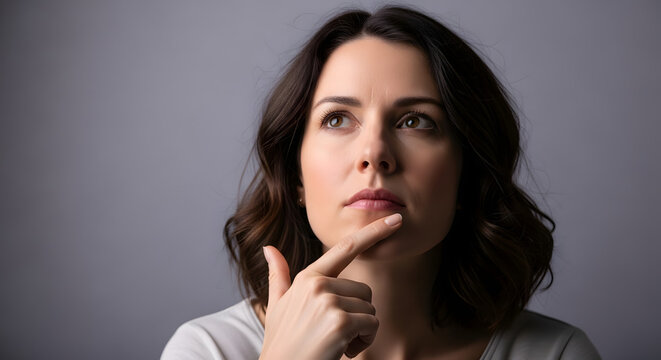 A thoughtful woman pondering a decision with her finger on her chin