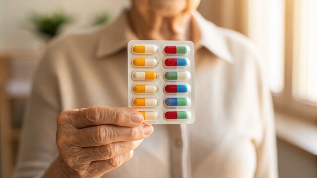 Elderly Person Holding Weekly Pill Organizer with Colorful Medications