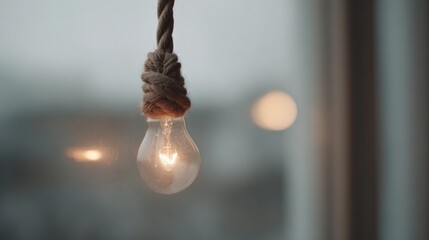 Light bulb hanging from a rope. the rope is twisted and twisted in a way that it forms a knot. the light bulb is turned on and emits a warm glow.