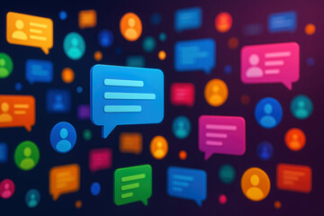 Fototapeta premium Colorful 3D chat bubbles and user icons floating in a dark, abstract digital space communication messaging