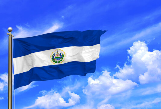 Bandera Magna  - El Salvador Flag Waving In The Wind On A Beautiful Summer Blue Sky.