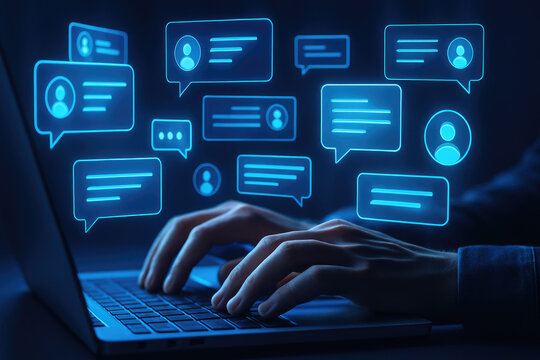 Close-up of hands typing on a laptop with illuminated blue chat bubbles and user icons computer technology