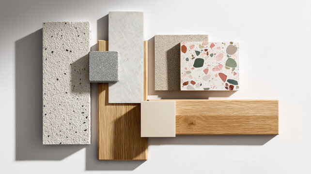 interior design material sample moodboard with luxury surfaces like marble and wood
