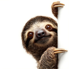 Fototapeta premium Curious sloth peeking around a white corner with a gentle smile