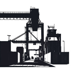 Industrial Shipping Cranes And Containers Silhouetted Against Bright Sky At Port