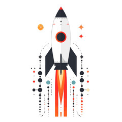 Retro Style Rocketship Launching into Deep Space with Fiery Exhaust and Celestial Orbs Against a Clean White Background