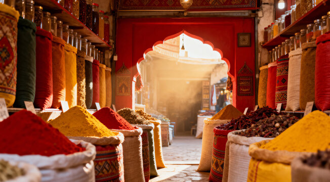 Colorful Spices Market in Marrakesh or Middle East Bazaar