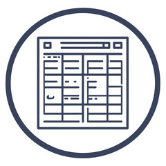 Dark Blue Circular Icon Representing A Spreadsheet Or Table With Rows And Columns In A Simple Outline Style