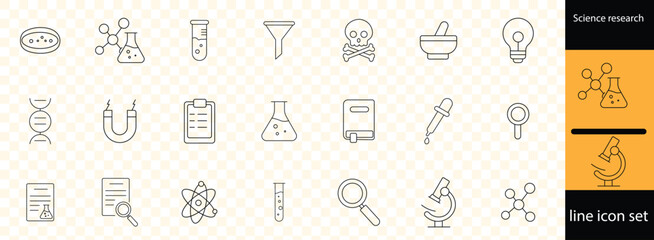 Science research line icon set . biology, laboratory, experiment, scientist, research, physics, chemistry and more. Outline Icon Collection. Vector illustration