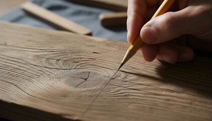 A carpenter's hand carefully marks a line on a rustic wooden plank with a sharp pencil.