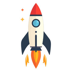 Retro Space Rocket Launching with Fiery Exhaust and Twinkling Stars Isolated on White Background Pixel Art Style