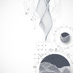 Abstract composition with wireframe wave and technology circles. Vector