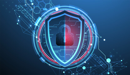 Abstract technological background on the topic of information protection. Various technological elements with padlocks inside which is a digital code.