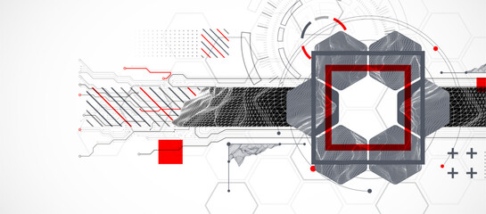 Abstract composition with wireframe mountains, geometric hexagons, dots, and lines.